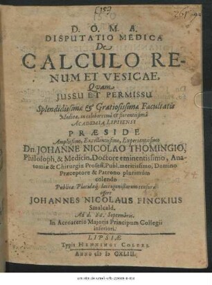 Disputatio Medica De Calculo Renum Et Vesicae