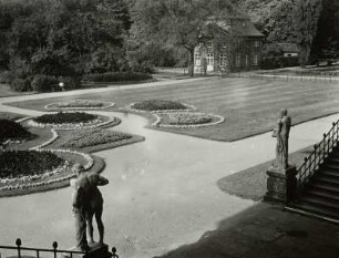 Dresden, Großer Garten, Blick vom Palais über Blumenparterre zum Kavaliershaus