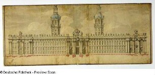 Entwurf für die Erweiterung des Dresdner Schlosses, Aufriß der Hauptfront (1711, M. D. Pöppelmann. Feder, Tusche, Wasserfarben; 43,3 x 103,0 cm). Sächsische Landesbibliothek – Staats- und Universitätsbibliothek Dresden, Handschriftensammlung, Mscr. Dresd. L. 4/Blatt 3