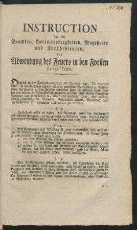 Instruction für die Beamten, Gerichtsobrigkeiten, Magisträte und Forstbedienten, die Abwendung des Feuers in den Forsten betreffend : [... Berlin, den 3ten November 1795.]