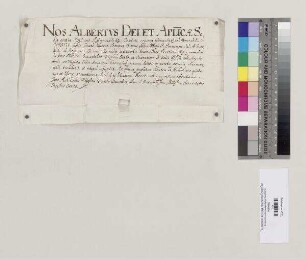 Bischof Albert von Regensburg quittiert Abt Johannes [III. Nablas] von St. Emmeram über zehn Pfund Regensburger Pfennige für die dem Bischof von Regensburg auf päpstliche Weisung jährlich geschuldeten 30 Pfund Turnosen (Turonensium parvorum). S=A