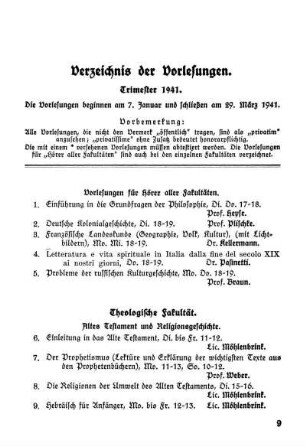 Verzeichnis der Vorlesungen. Trimester 1941.
