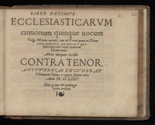 Liber decimus ecclesiasticarum cantionum quinque vocum ... Contra Tenor