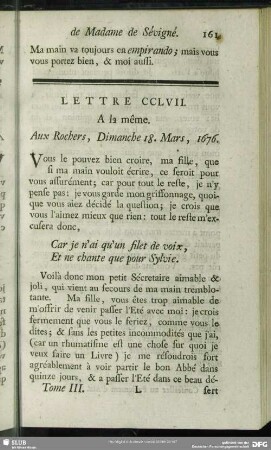 Lettre CCLVII. A la même. Aux Rochers, Dimanche 18. Mars, 1676