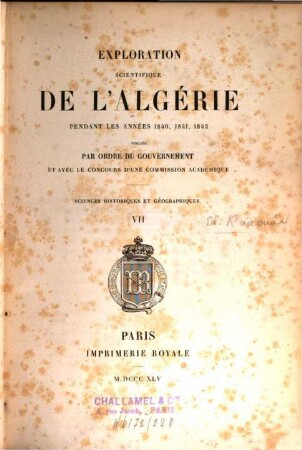 Exploration Scientifique De L'Algérie Pendant Les Années 1840, 1841, 1842. 7