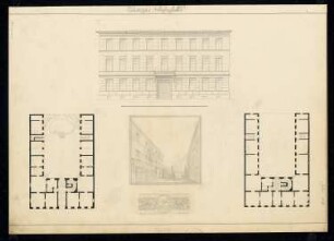 Städtisches Wohnhaus Monatskonkurrenz Juni 1828: Grundriss Erdgeschoss, 1. (= 2.) Obergeschoss, Aufriss Straßenansicht, perspektivische Ansicht, Detail: Friesverzierung; Maßstabsleiste