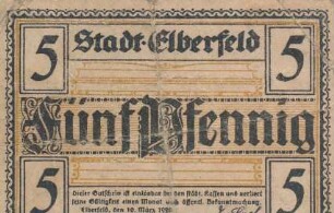 Zahlungsmittel / Gutschein der Stadt Elberfeld / Fünf Pfennig