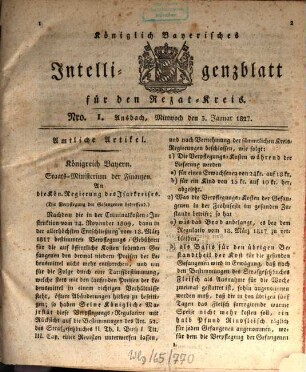 Königlich Bayerisches Intelligenzblatt für den Rezat-Kreis. 1827