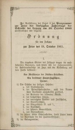 Ordnung für den Festzug zur Feier des 18. October 1863.