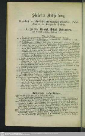 Siebente Abtheilung. Verzeichniß der römisch-katholischen Geistlichen, Schullehrer [et]c. im Königreiche Sachsen