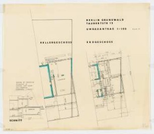 Taubertstraße 13, Berlin-Grunewald Anbau: Grundriss Keller- und Erdgeschoss 1:100