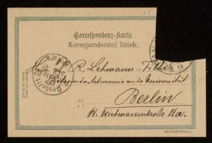Nr. 17 Postkarte von Samuel Oppenheim an Karl Schwarzschild. Karolinenthal, 23.6.1901