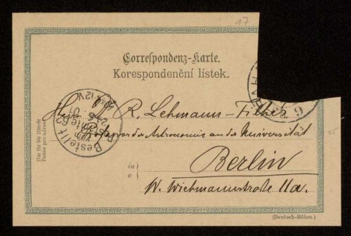 Nr. 17 Postkarte von Samuel Oppenheim an Karl Schwarzschild. Karolinenthal, 23.6.1901
