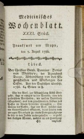 XXXI. Stück. Frankfurt am Mayn, den 5. August 1786. - XXXIV. Stück. Frankfurt am Mayn, den 26. August 1786.