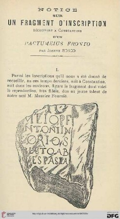 Sér. 5: Notice sur un fragment d'inscription découvert à Constantine d'un pactumeius fronto