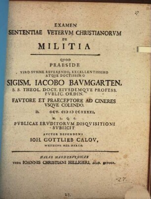 Examen sententiae veterum Christianorum de militia