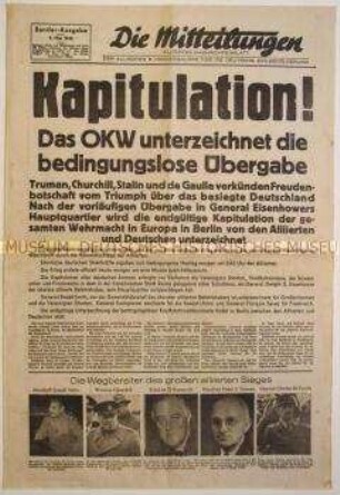 Sonderausgabe des Nachrichtenblattes der US-Armee "Die Mitteilungen" zur Kapitulation Deutschlands