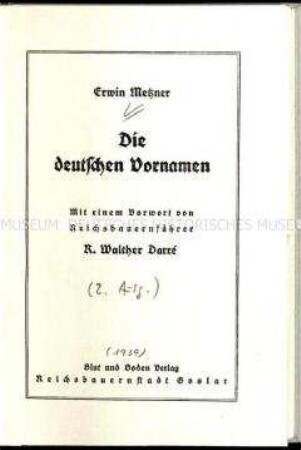 Völkische Veröffentlichung mit einem Verzeichnis deutscher bzw. germanischer Jungen- und Mädchennamen