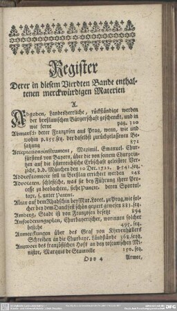 Register Derer in diesem Vierdten Bande enthaltenen merckwürdigen Materien