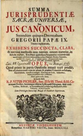 Summa Jurisprudentiae Sacrae Universae, Seu Jus Canonicum : Secundùm quinque Decretalium Gregorii Papae IX. Titulos explicatum, ... Opus, Quod primò in parvis Opusculis iteratô typô prodiit, dein ad plurimorum vota in unum & praesens Volumen redactum,...