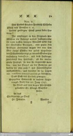 Nro. 7. [Rescript der Clevischen Regierung an das Stadtgericht in Soest und darauf erlassene stadtgerichtliche Verfügung]