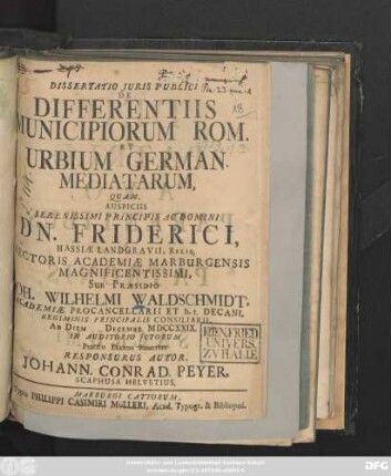 Dissertatio Juris Publici De Differentiis Municipiorum Rom. Et Urbium German. Mediatarum
