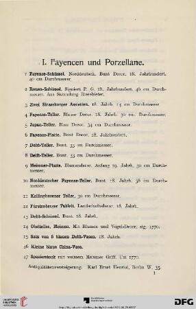 I. Fayencen und Porzellane (Nr. 1-204)