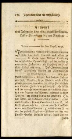 Entwurf einer Instruction über die rathhäusliche Sportul-Cassen-Verwaltung bey dem Magistrat zu ------ ---------