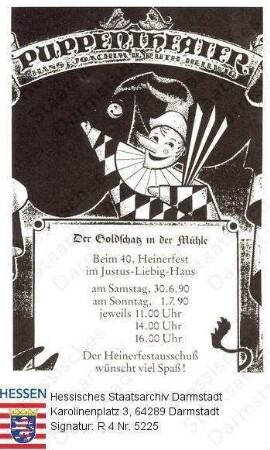 Darmstadt, 1990 Juni 30 und Juli 1 / 40. Heinerfest, hier: Reklame für das Puppentheater von Hans-Joachim und Ruth Hellwig 'Der Goldschatz in der Mühle' im Justus-Liebig-Haus am 30.6. und 1.7.90 / Abbildung eines Kaspers