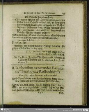 II. Responsum venerandae Facultatis Theologicae Rostochiensis