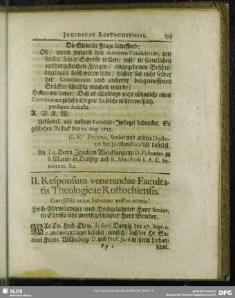 II. Responsum venerandae Facultatis Theologicae Rostochiensis