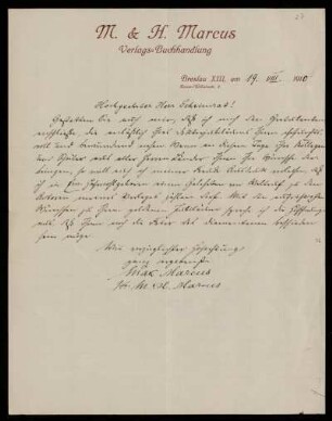 Brief von Max Marcus an Otto von Gierke, Breslau, 19.8.1910