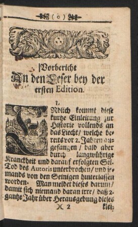 Vorbericht An den Leser bey der ersten Edition.