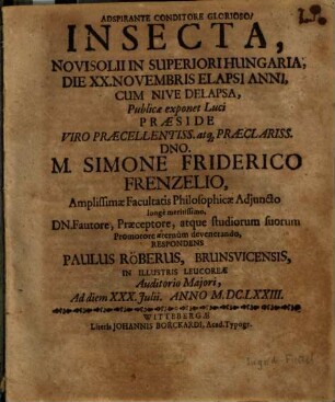 Insecta, Novisolii In Superiori Hungaria, Die XX. Novembris Elapsi Anni, Cum Nive Delapsa
