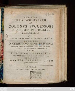 Qvaestio Ivris Controversi An Colonvs Svccessori In Condvctione Praestet Damnvm Fatale