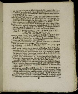 Libri Historici, Philosophici Et Artivm Hvmaniorvm.