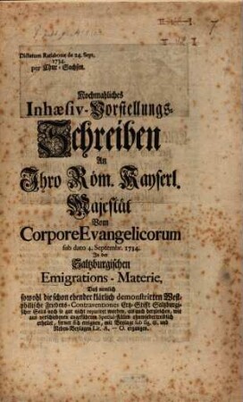 Inhaesiv-Vorstellungs-Schreiben an Ihro R. K. Maj. v. Corpore Evangelicorum wegen der Zweybrück. Religions Beschwerden