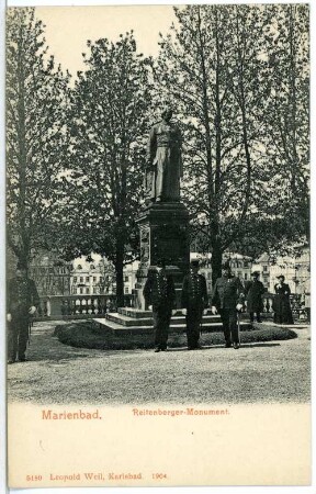 Marienbad. Reitenberger-Monument (1879) : Marienbad. Denkmal für den Abt Karl Kaspar Reitenberger (Taufname Kaspar Prokop Reittenberger; 1879 von Carl Kundmann), den Begründer und Stifter des Kurortes Marienbad