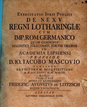 Exercitatio iuris publici de nexu regni Lotharingiae cum imperio Rom. Germanico