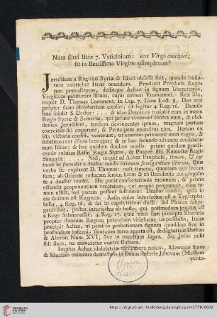 Num illud Isaiæ 7. Vaticinium: ecce Virgo concipiet; sit in Beatissima Virgine adimplentum?