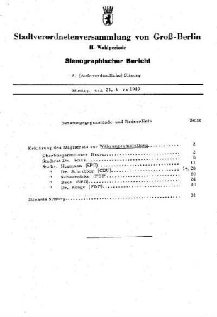 Nr. 8, 21. März 1949, Außerordentliche Sitzung
