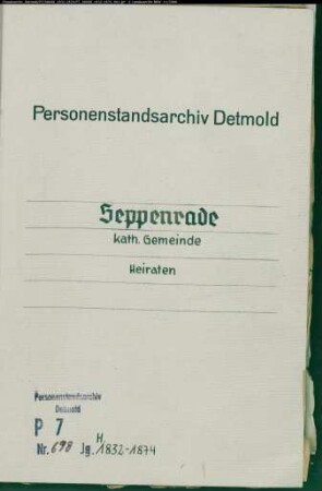Kirchenbuchduplikate der Katholischen Gemeinde Seppenrade (Heiraten 1832-1874). (Gemeinde: Seppenrade, Katholische Gemeinde)