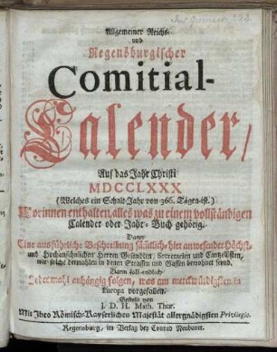1780: Allgemeiner Reichs- und Regensburgischer Comitial-Calender, auf das Jahr Christi MDCCLXXX