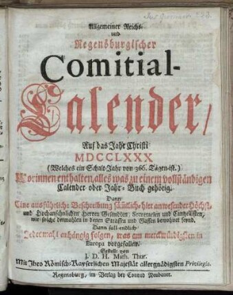 1780: Allgemeiner Reichs- und Regensburgischer Comitial-Calender, auf das Jahr Christi MDCCLXXX