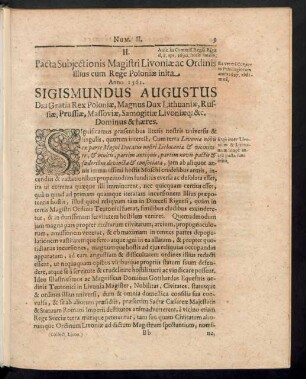 II. Pacta Suiectionis Magistri Livoniae Ordinis illium cum Rege Poloniae inita Anno 1561 ...