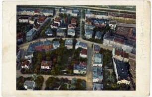 Gohlis: Etablissement Drachenfels, Äussere Hallische Strasse, Wilhelm- und Kanalstrasse, Kirchweg : Leipzig, aufgenommen aus Parseval III am 29. Juni 1909