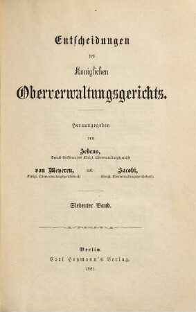 Entscheidungen des Preußischen Oberverwaltungsgerichts. 7. 1881