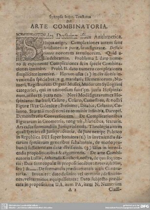 Synopsis hujus Tractatus DE ARTE COMBINATORIA.