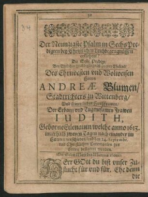 Der Neuntzigste Psalm in Sechs Predigten bey Christlichen Leichbegengnüssen erklehret/ ...