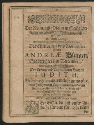 Der Neuntzigste Psalm in Sechs Predigten bey Christlichen Leichbegengnüssen erklehret/ ...